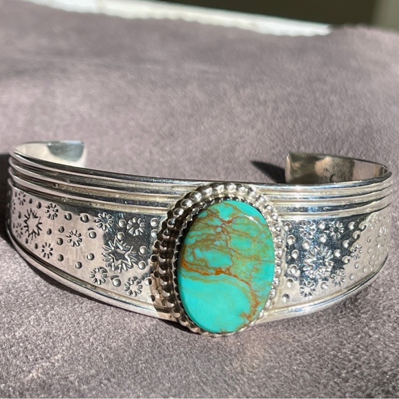 Garrison Boyd Signed Navajo Sterling Silver Turquoise Cuff Bracelet Stars - Picture 2 of 9